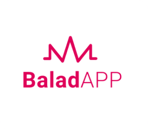 Logotipo na cor magenta de símbolo de ondas retas em formato de 'M' e o texto BaladAPP embaixo.